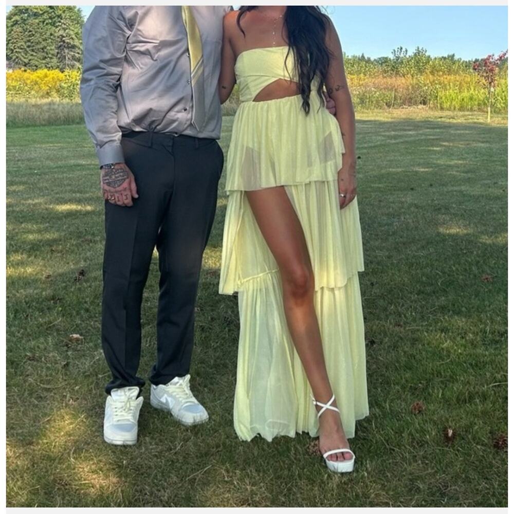 For Love & Lemons Glitter Tulle Cutout Maxi Dress Size Small Yellow NWT Summer